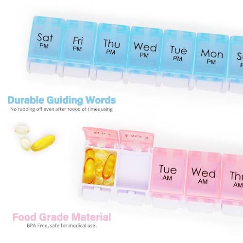 Large 7 Day Pill Organizer 2 Times a Day, AM PM Pill Box, 14 Dividers Vitamin Holder with Push Button V774