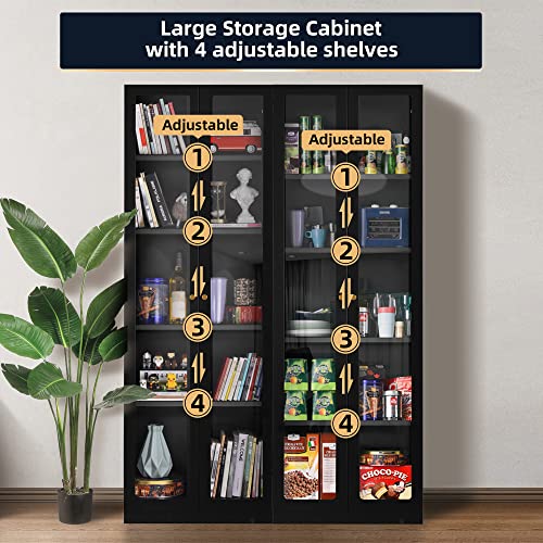 Black Metal 2 Door Glass Curio Cabinet with Adjustable Shelves 5 Tier Bookcase M430404