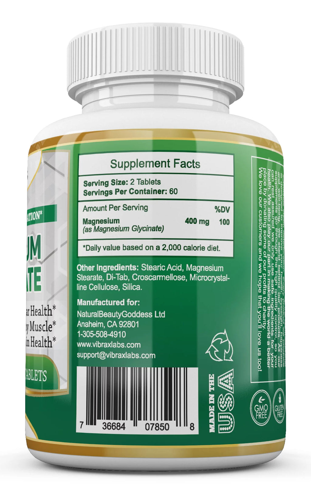 Magnesium Glycinate Supplement 400mg 120 Tablets F91217