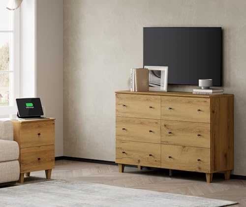 Oak Brown 6 Drawer TV Stand with 1 End Table 2 Drawers Charging Station 2 Pieces Wood Furniture Set M284