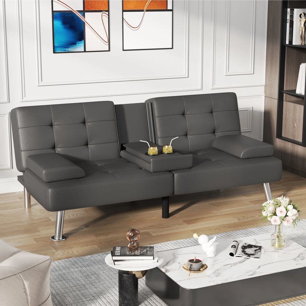 Faux Leather Convertible Futon Sofa Bed with 2 Cup Holders B613611