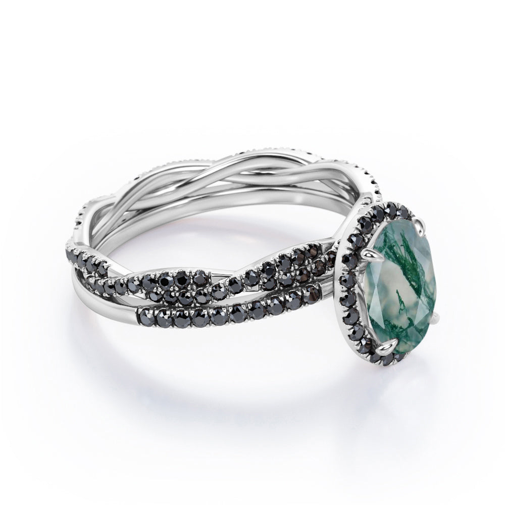 18K Gold over Silver Oval-Shaped Moss Green Agate Bridal Set W8648