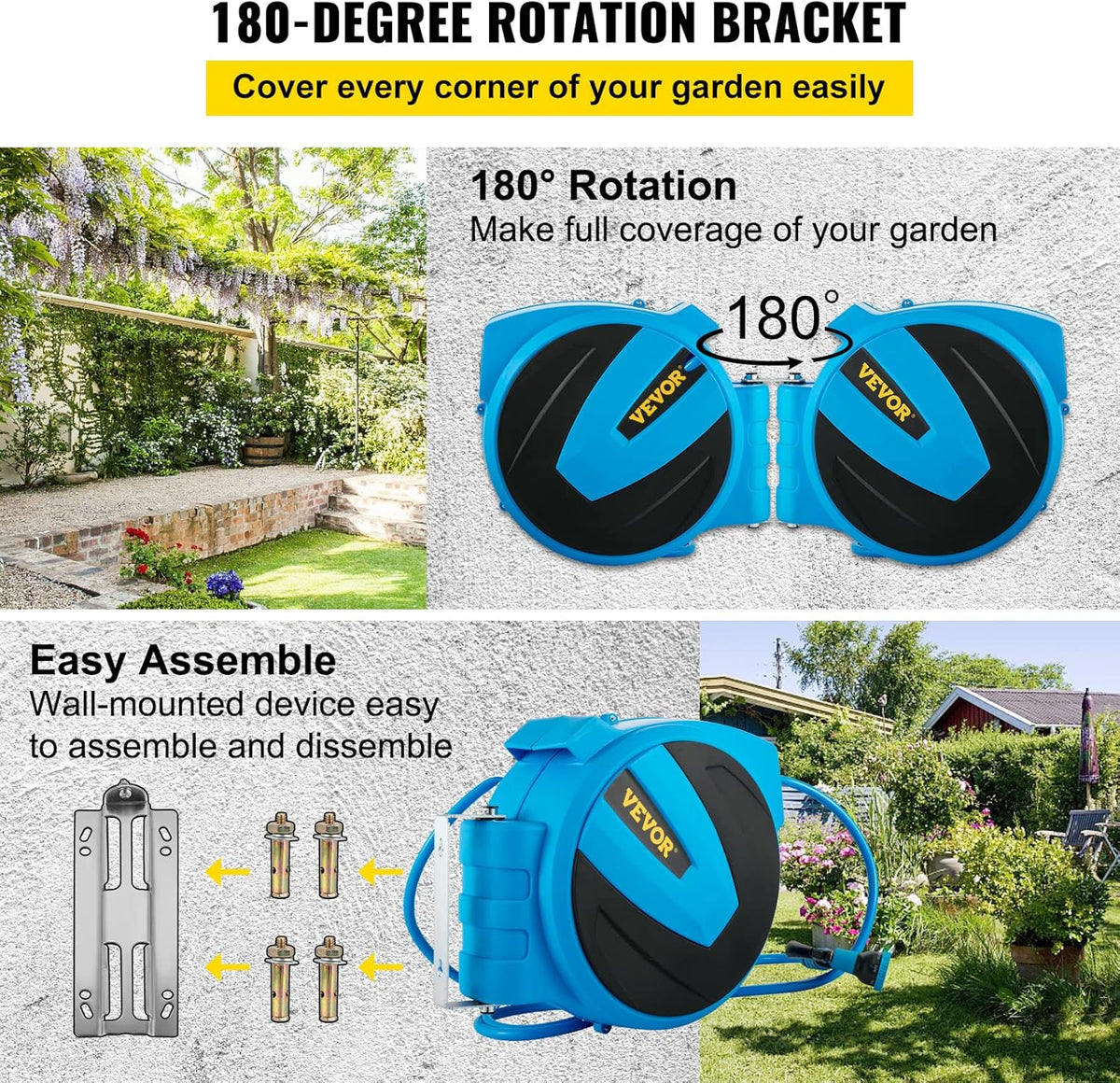 Retractable Hose Reel, 5/8 inch x 50 ft, Wall Mounted Garden Hose Reel, Blue Pack of 2 S349698