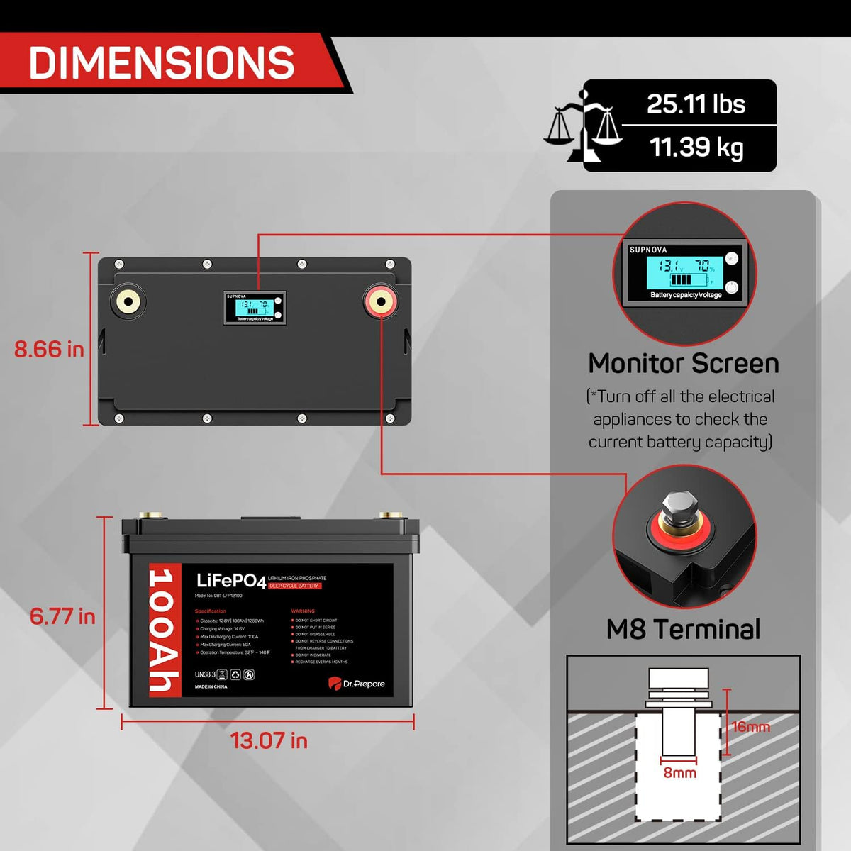 12V 100Ah LiFePO4 Lithium Deep Cycle Battery with Monitor Screen R909889