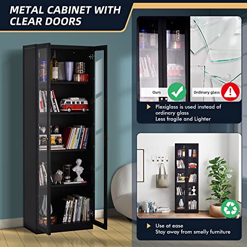 Black Metal 2 Door Glass Curio Cabinet with Adjustable Shelves 5 Tier Bookcase M430404