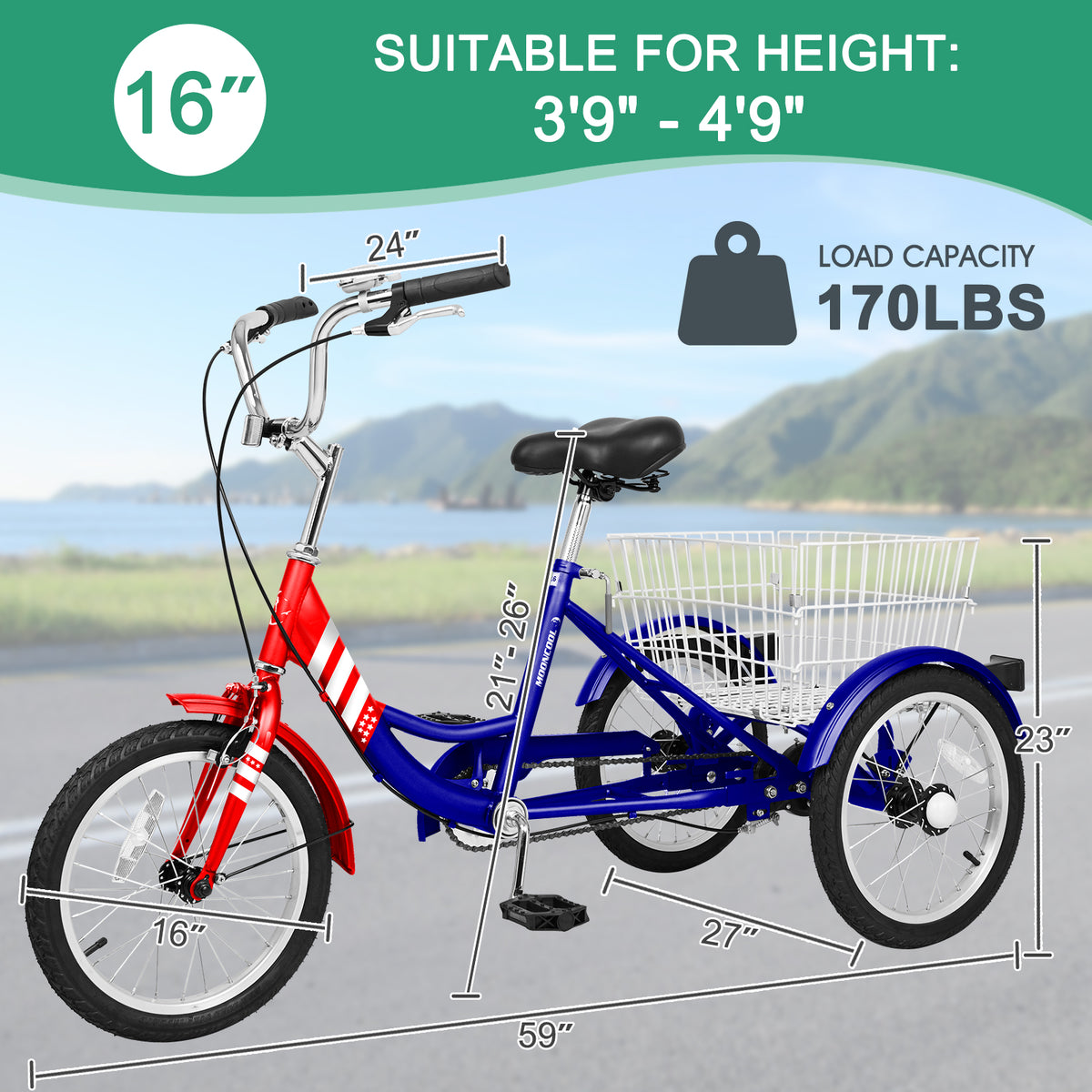 16" Kids Tricycle Three Wheeled Bike with Large Rear Basket A462383