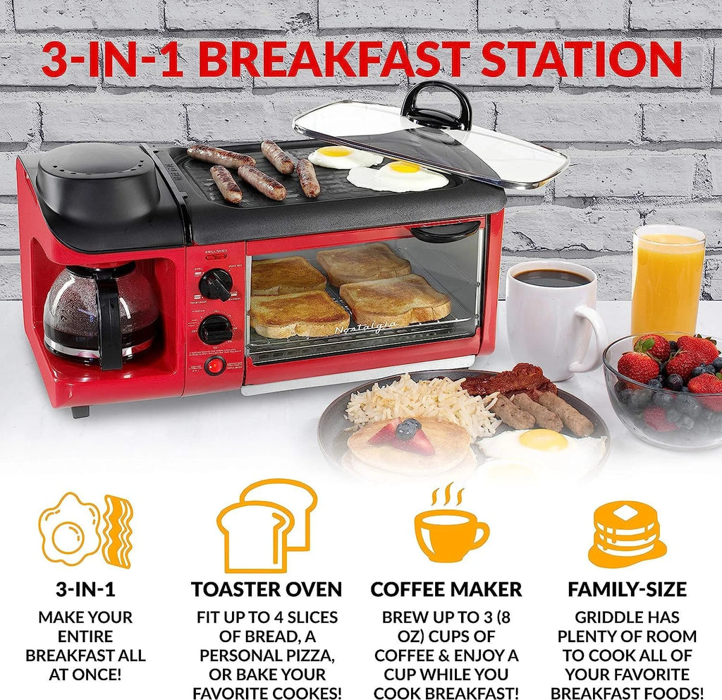 3-in-1 Breakfast Station with Coffee Maker, Non-Stick Griddle, and 4-Slice Toaster Oven - Red B86046