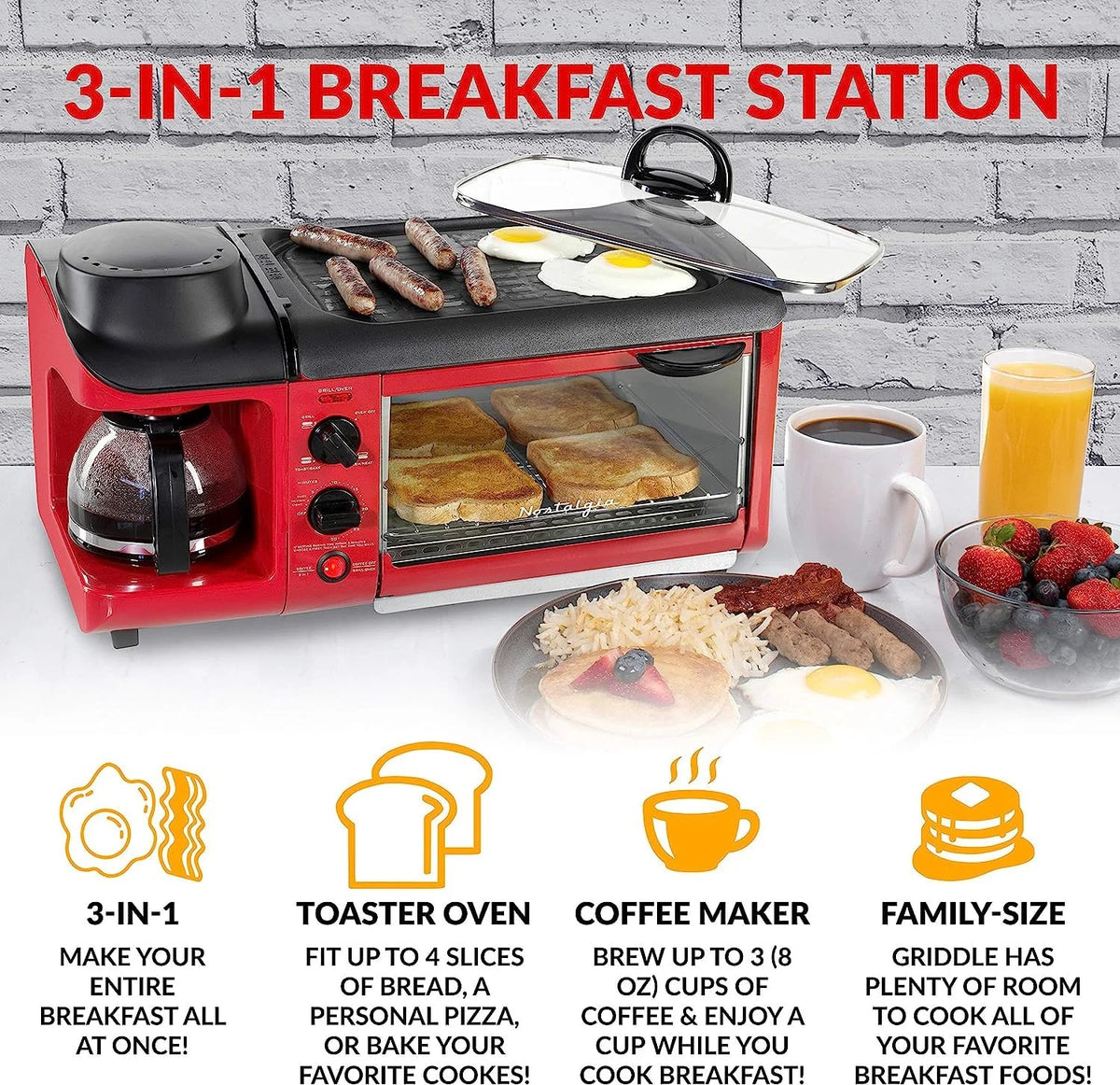 3-in-1 Breakfast Station with Coffee Maker, Non-Stick Griddle, and 4-Slice Toaster Oven - Red B86046