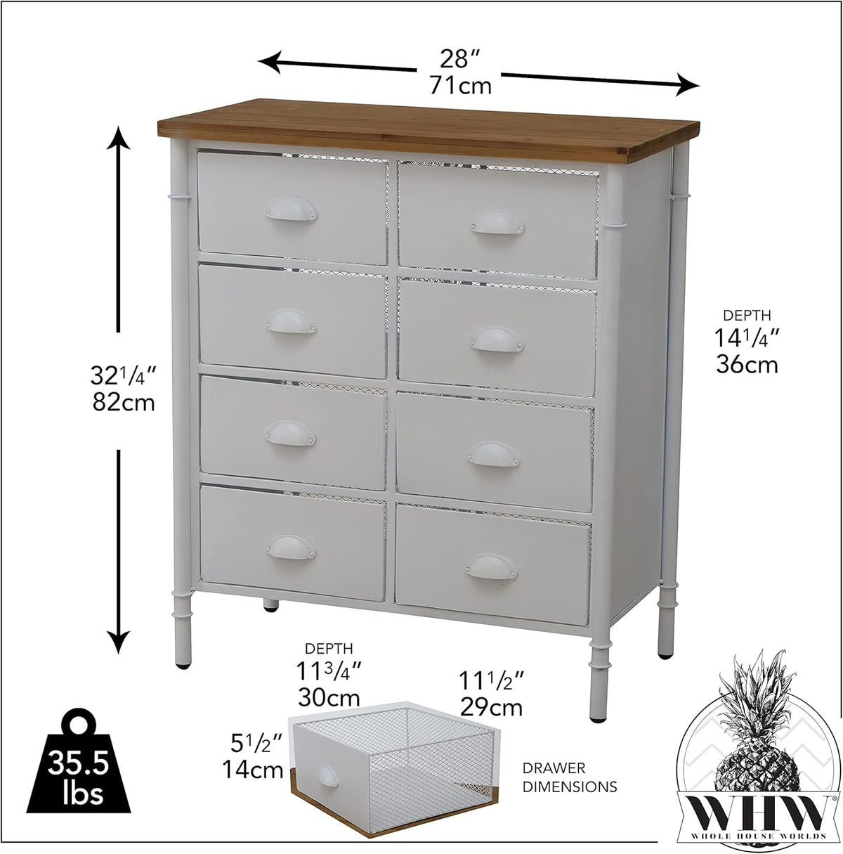 White 8 Drawer Accent Cabinet with Solid Wood Top and Metal Mesh Detailing O27291