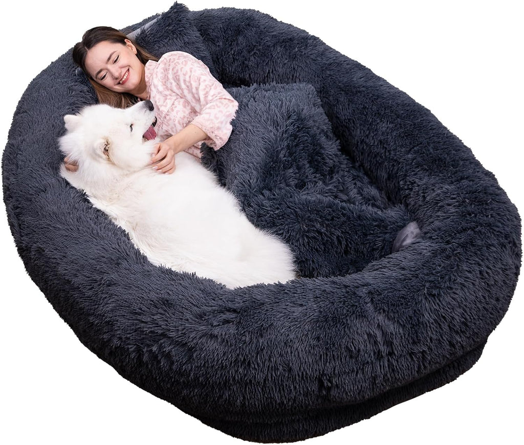 75"x48"x14" Dark Grey Faux Fur Human Size Dog Bed W76521