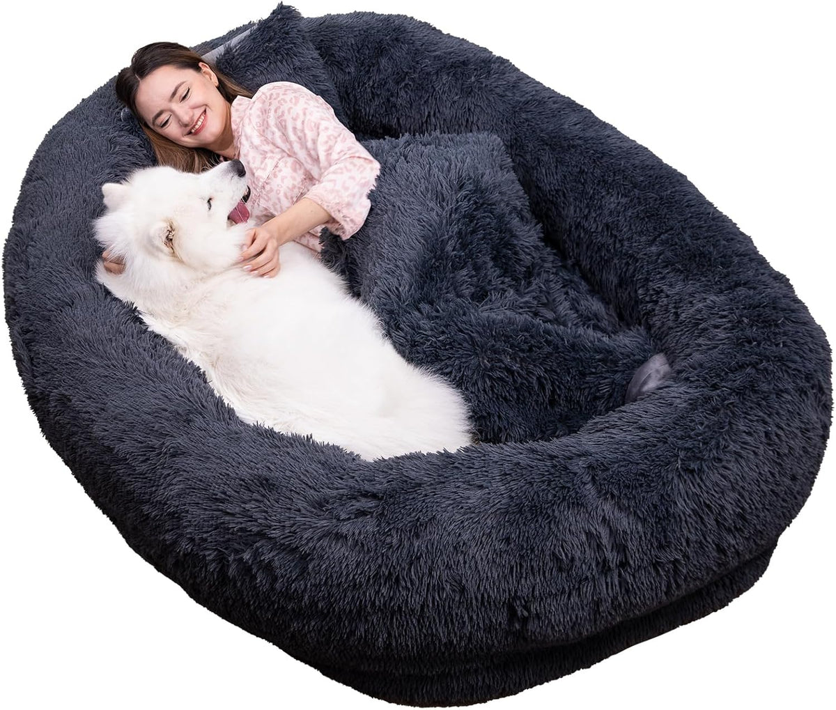 75"x48"x14" Dark Grey Faux Fur Human Size Dog Bed W76521