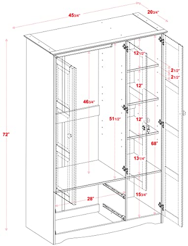 100% Solid Wood Armoire Wardrobe Closet, Java, 4 Shelves, 1 Clothing Rod, 2 Drawers, 1 Lock F5871