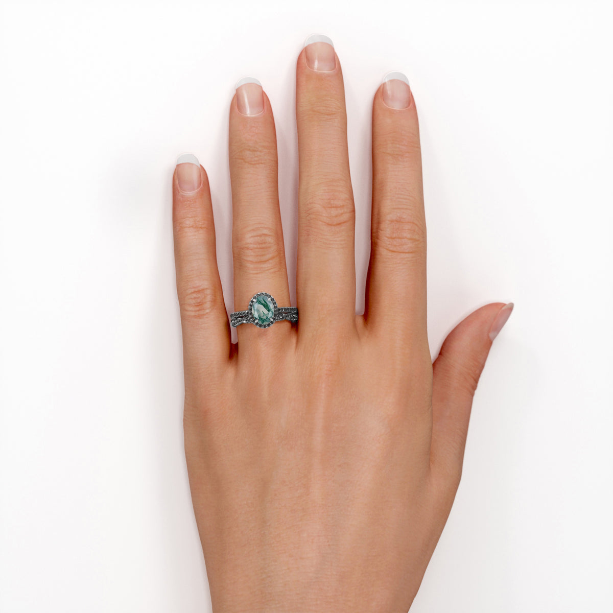 18K Gold over Silver Oval-Shaped Moss Green Agate Bridal Set W8648