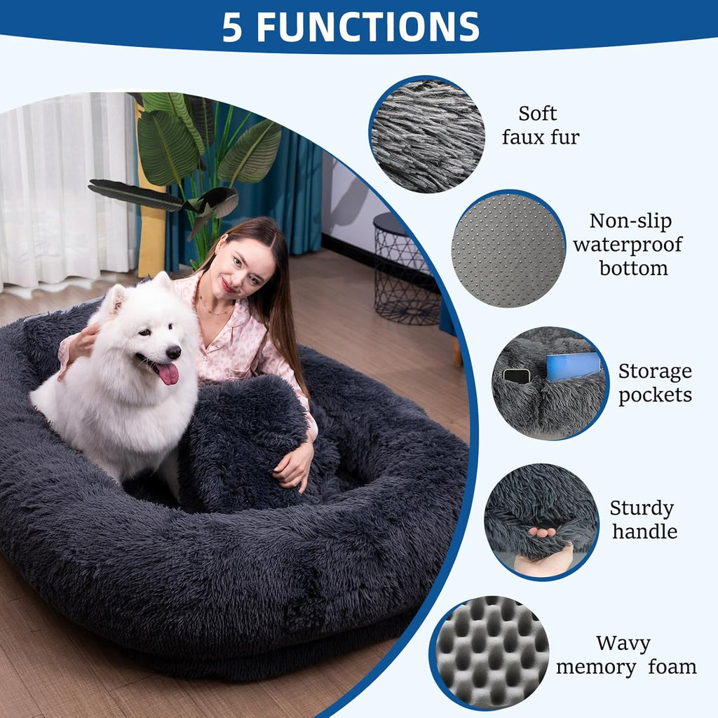 75"x48"x14" Dark Grey Faux Fur Human Size Dog Bed W76521