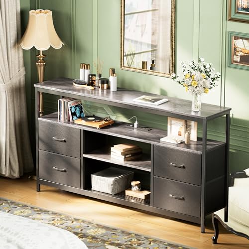 Black 4 Drawer TV Stand Dresser with Power Outlets and LED Lights Q19379