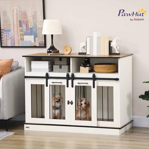 White Dog Crate Furniture with Shelves, Sliding Doors, 47" x 23.5" x 35" Q327129