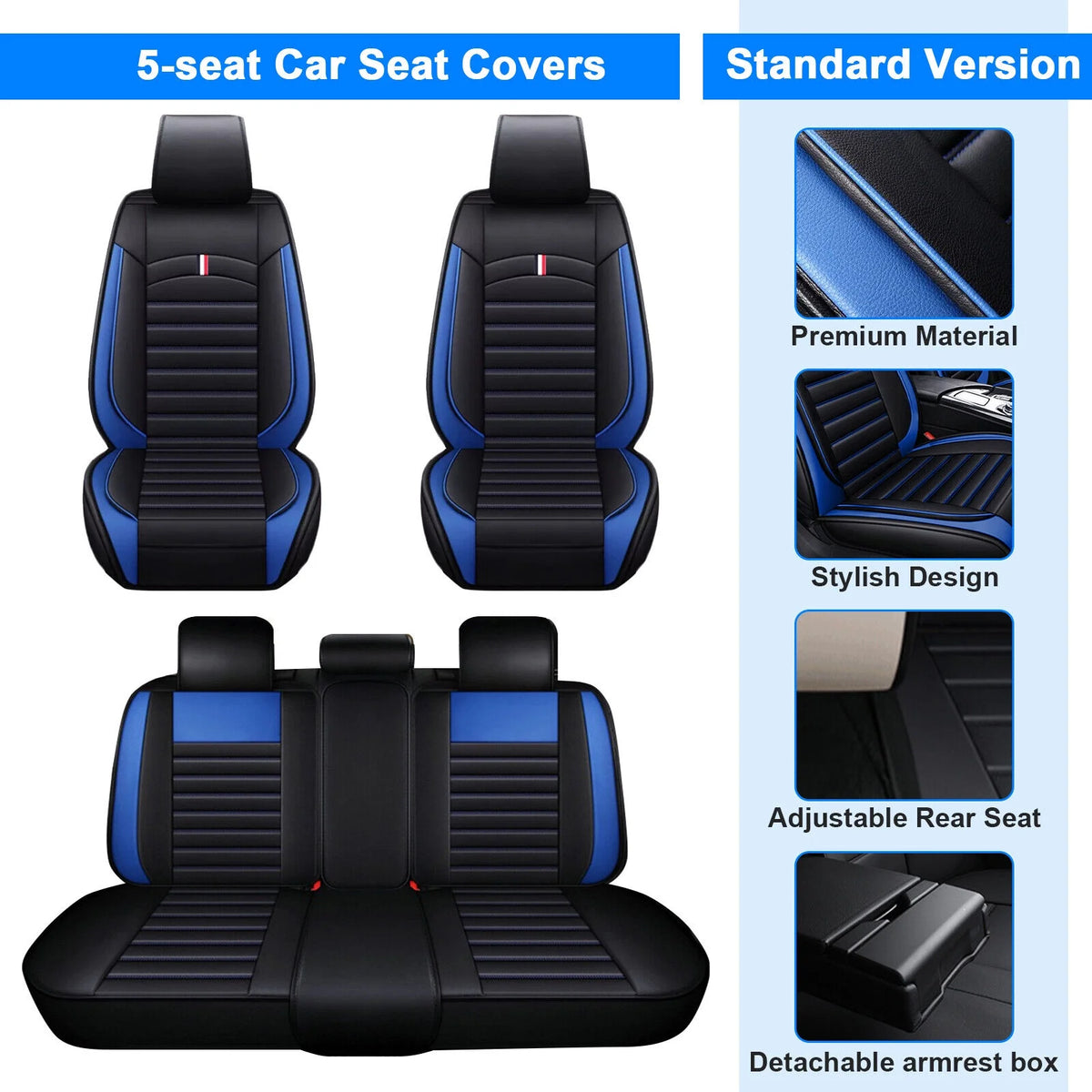 Black+Blue PU Leather Car Seat Covers Set P6665