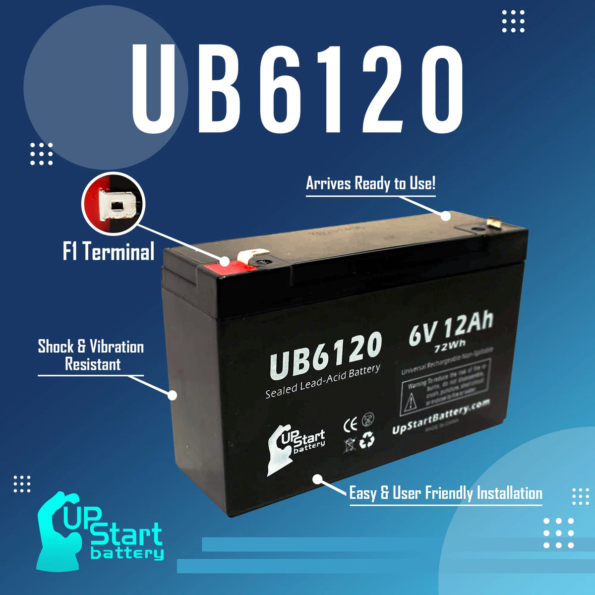 6V 12Ah Sealed Lead Acid Battery 4x Pack with F1 to F2 Terminal Adapters A1329