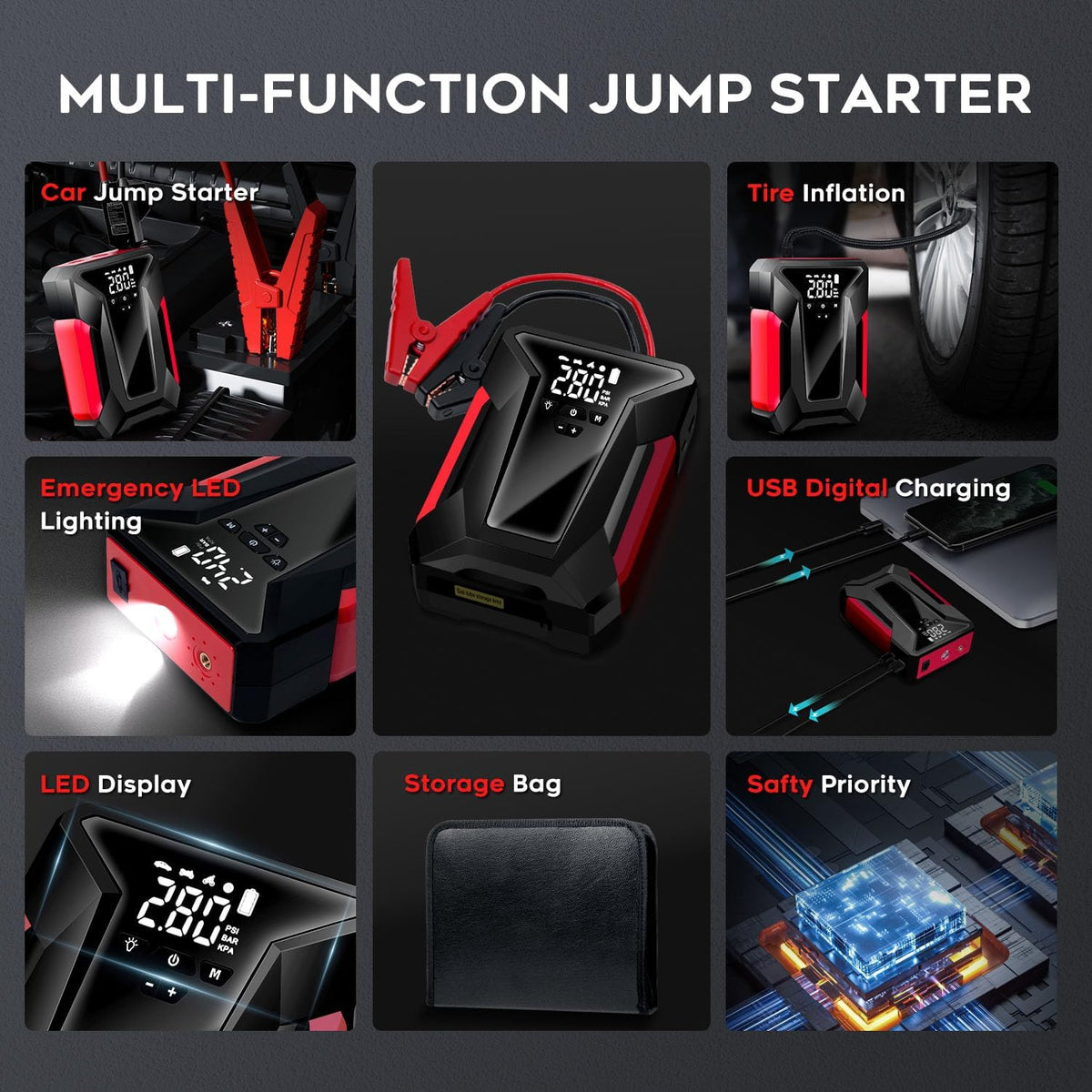 4000A Peak Car Jump Starter with Air Compressor and Emergency LED Light M24029