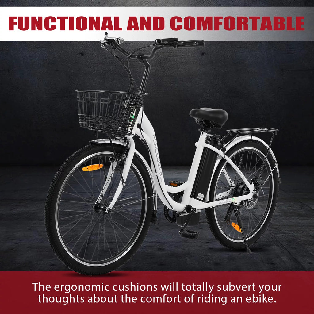 26 Inch 350 W White 7 Speed Electric Bicycle with Basket I7992