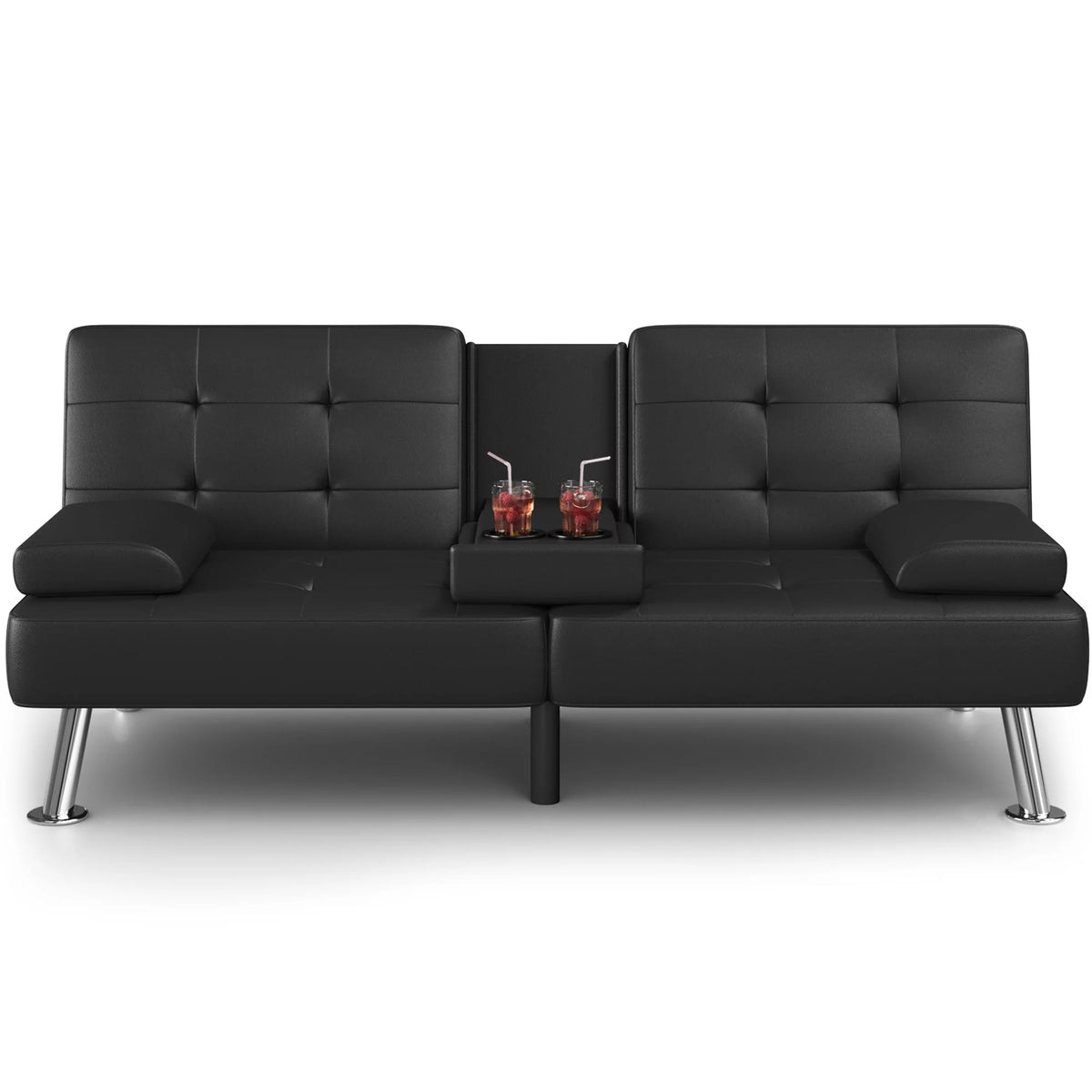 Faux Leather Convertible Futon Sofa Bed with 2 Cup Holders B613611