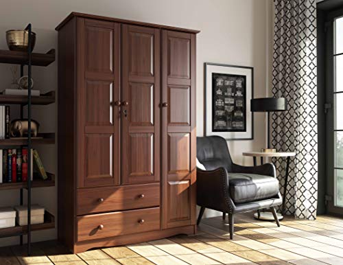 100% Solid Wood Armoire Wardrobe Closet, Java, 4 Shelves, 1 Clothing Rod, 2 Drawers, 1 Lock F5871