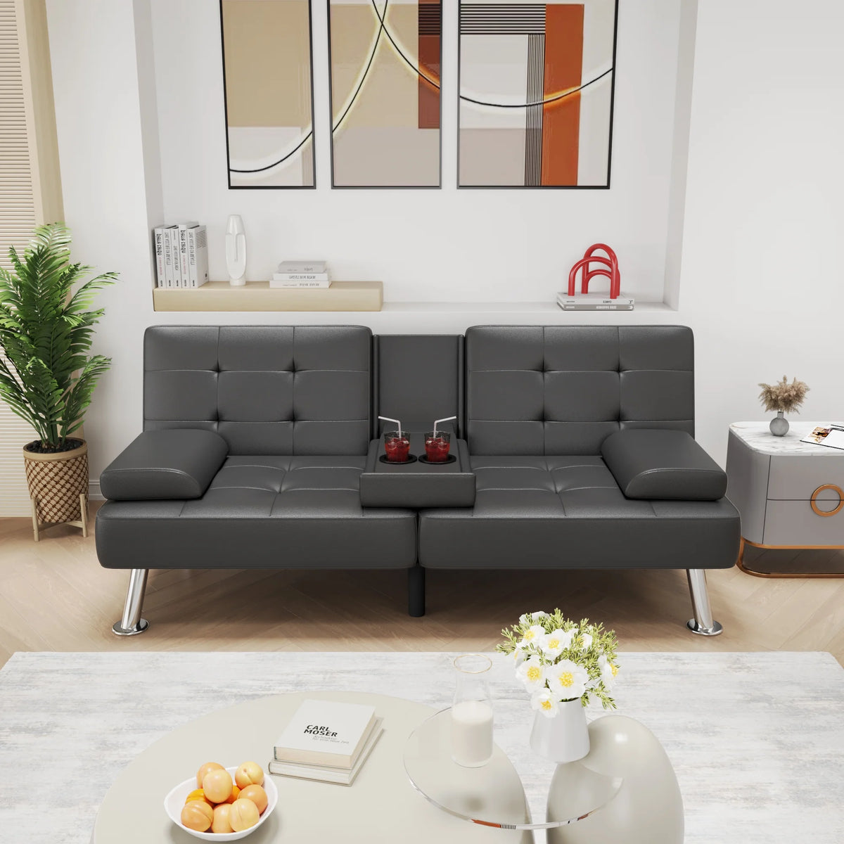 Faux Leather Convertible Futon Sofa Bed with 2 Cup Holders B613611