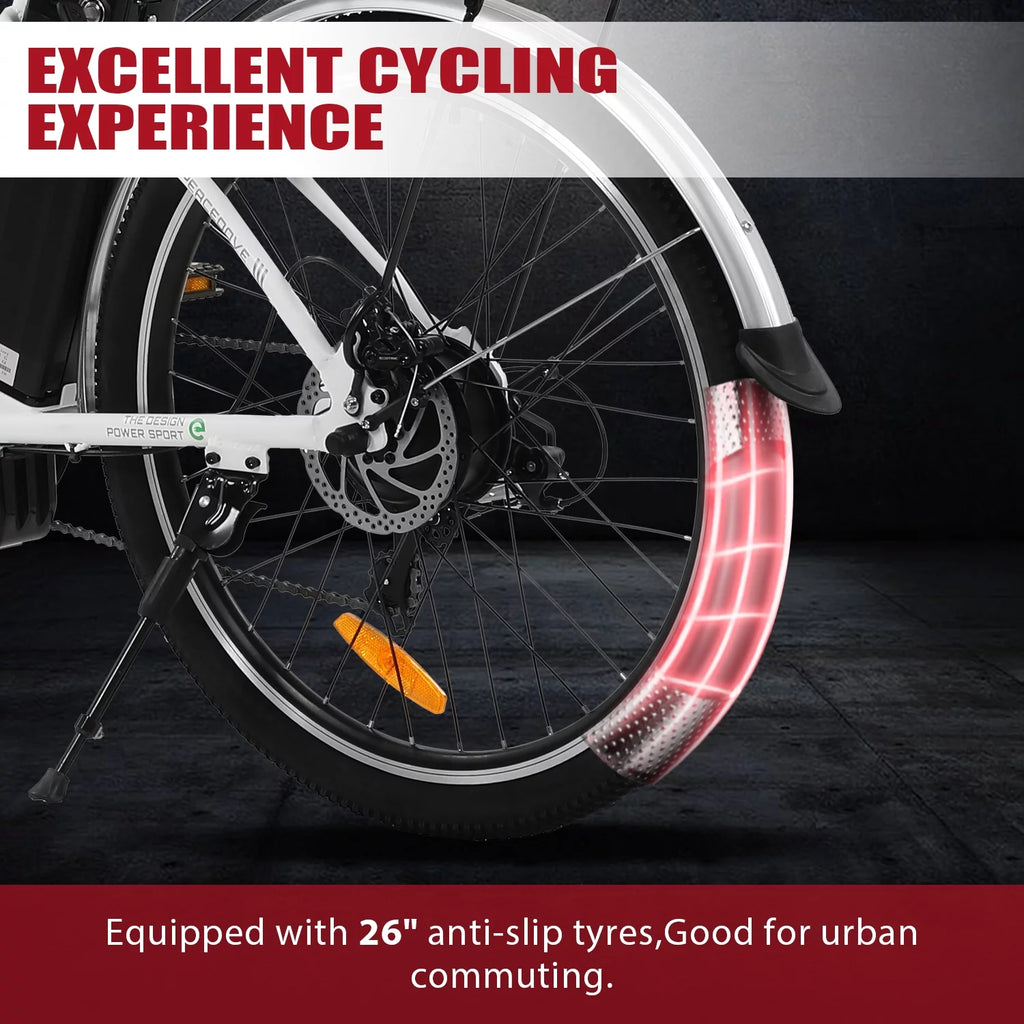 26 Inch 350 W White 7 Speed Electric Bicycle with Basket I7992