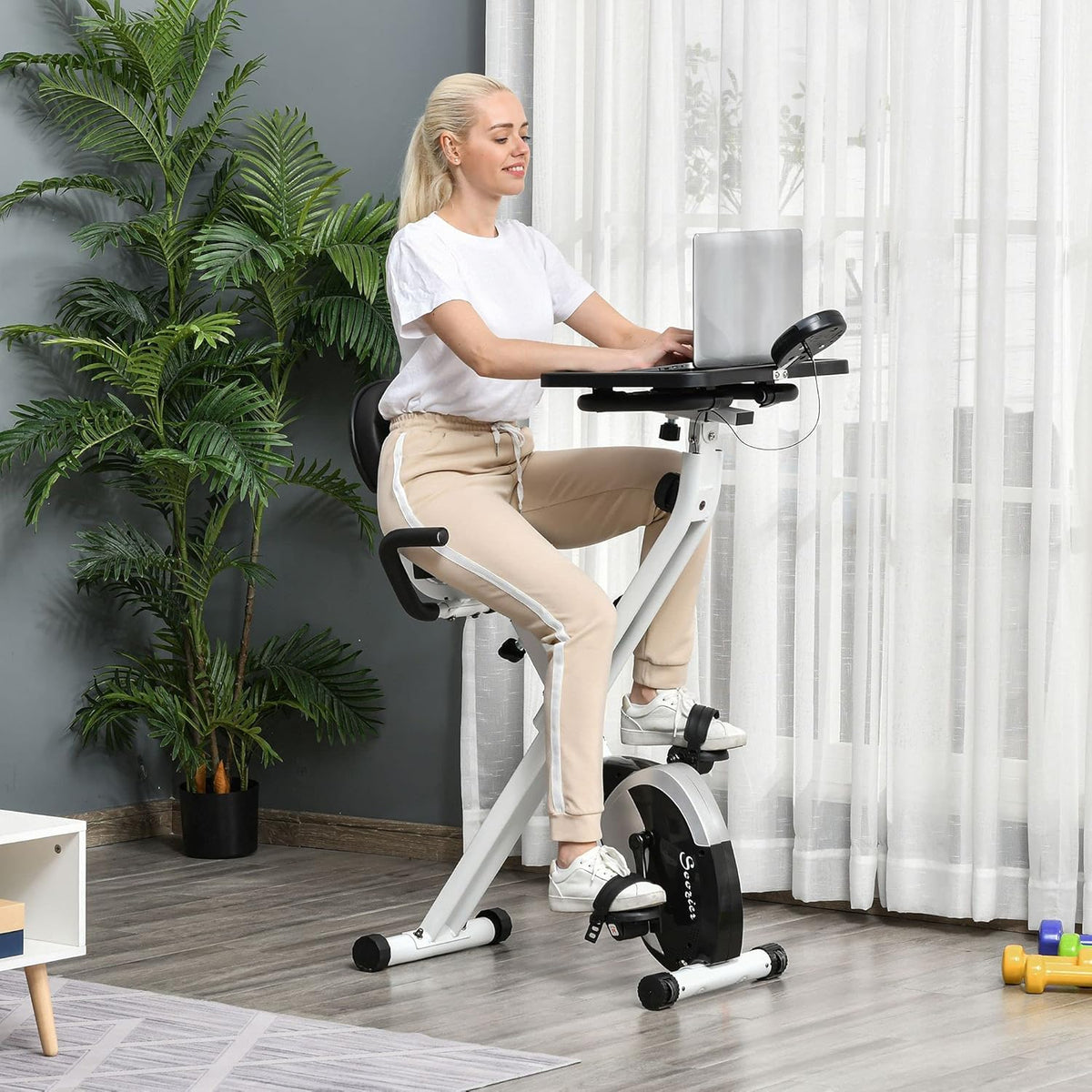 White Stationary Exercise Bike with Adjustable Desktop D8455