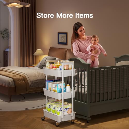 White 3 Tier Plastic Rolling Cart with Lockable Wheels D654