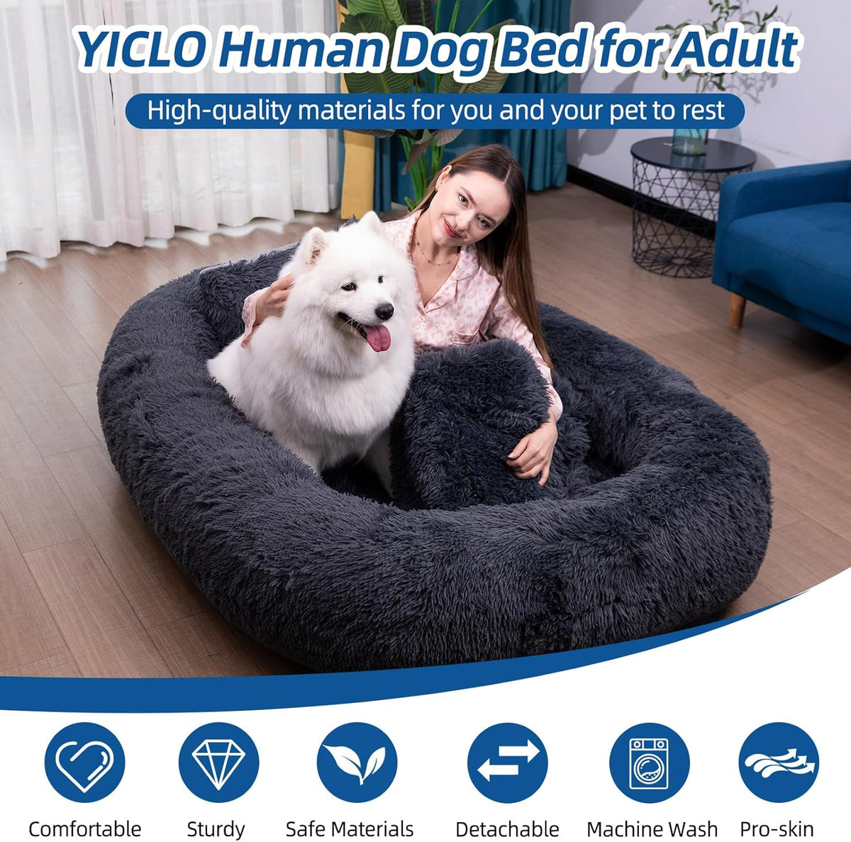 75"x48"x14" Dark Grey Faux Fur Human Size Dog Bed W76521