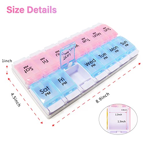 Large 7 Day Pill Organizer 2 Times a Day, AM PM Pill Box, 14 Dividers Vitamin Holder with Push Button V774