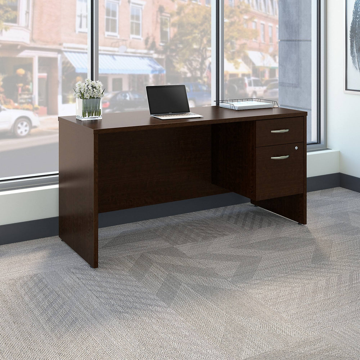 Mocha Cherry Office Desk with Pedestal W35290
