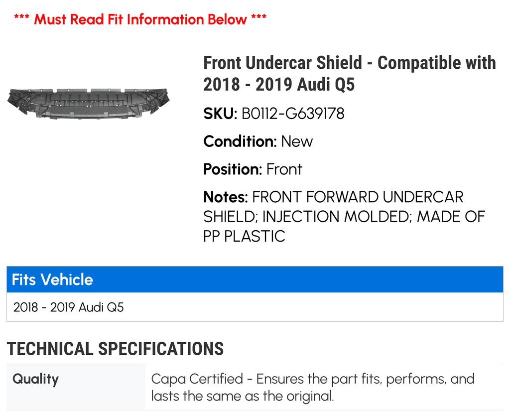 Front Undercar Shield for Audi Q5 B151258