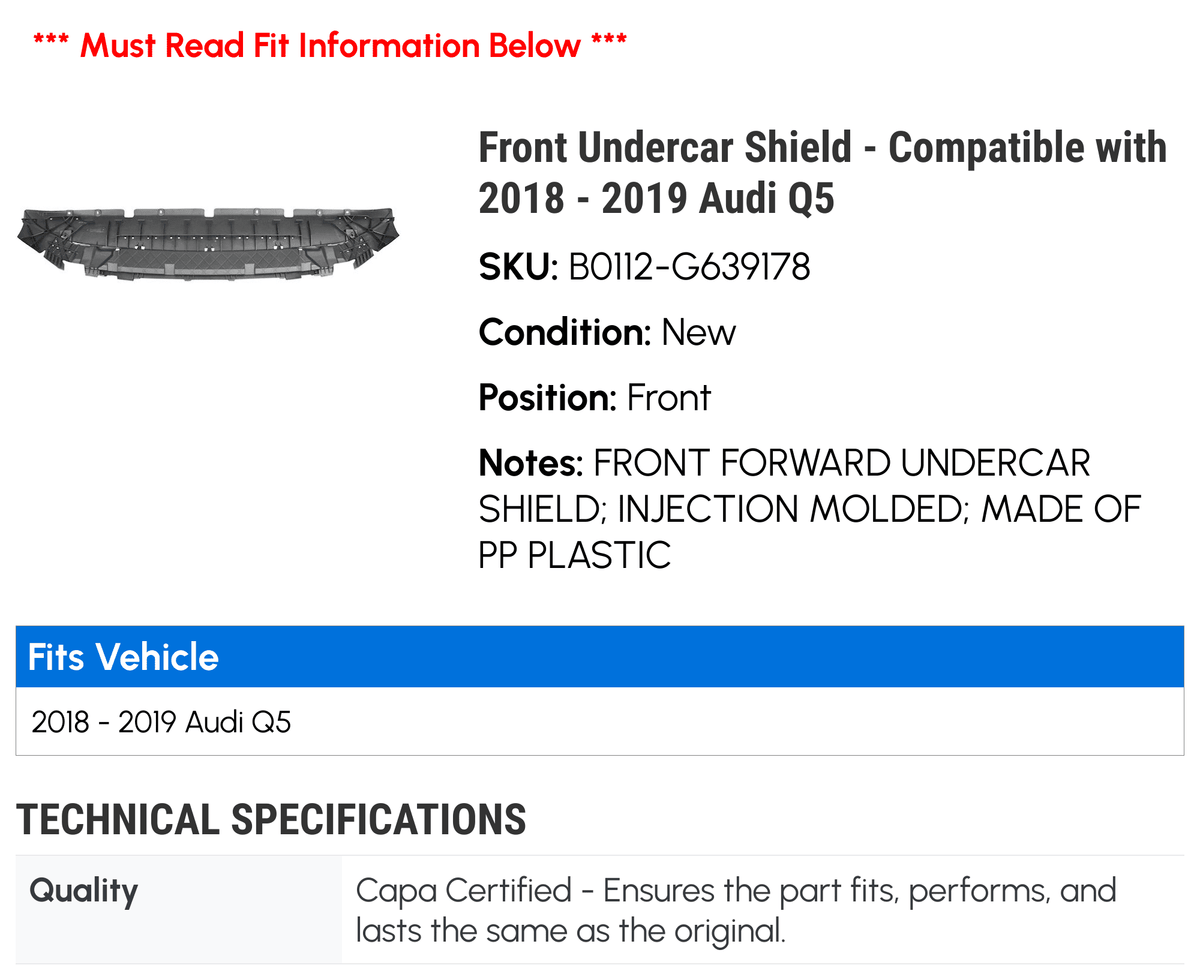 Front Undercar Shield for Audi Q5 B151258