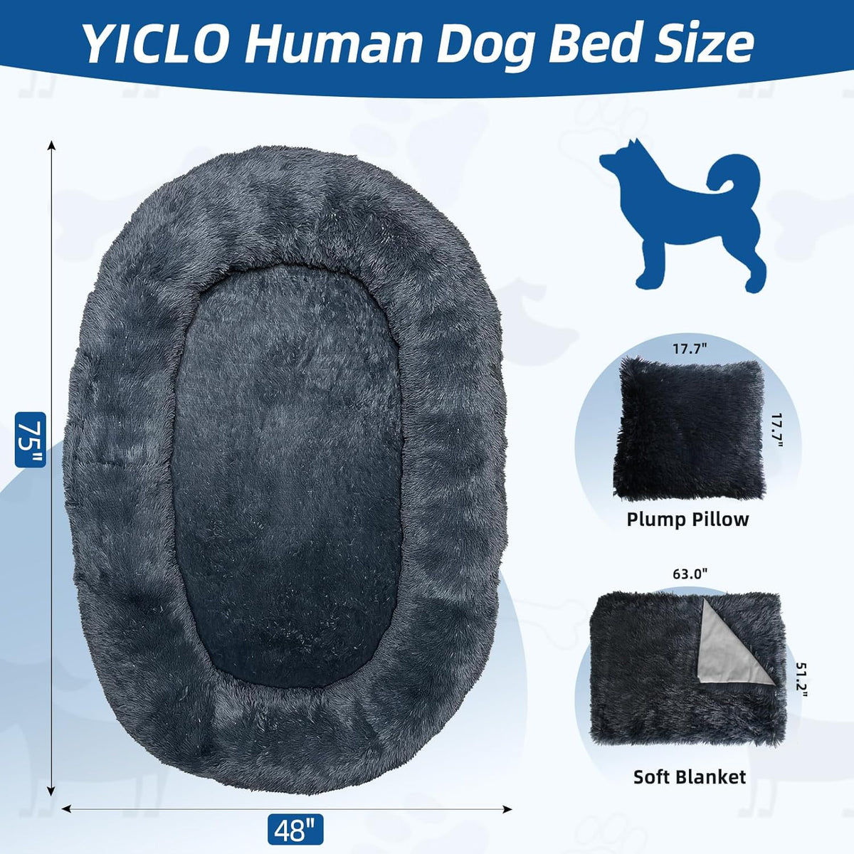 75"x48"x14" Dark Grey Faux Fur Human Size Dog Bed W76521