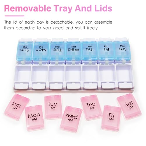 Large 7 Day Pill Organizer 2 Times a Day, AM PM Pill Box, 14 Dividers Vitamin Holder with Push Button V774