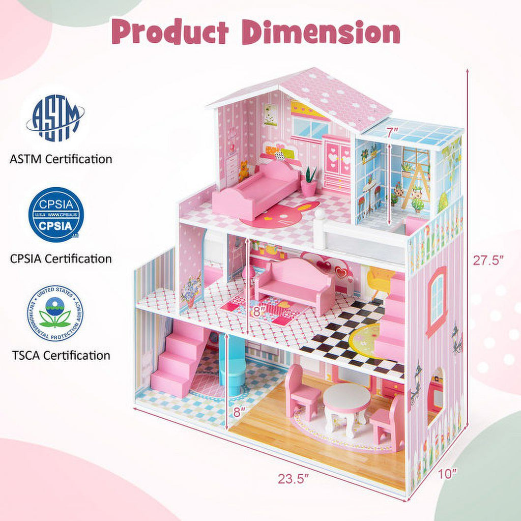 Pink Wooden Dollhouse Playset with 5 Rooms and 10 Furniture Pieces D85877