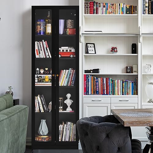 Black Metal 2 Door Glass Curio Cabinet with Adjustable Shelves 5 Tier Bookcase M430404