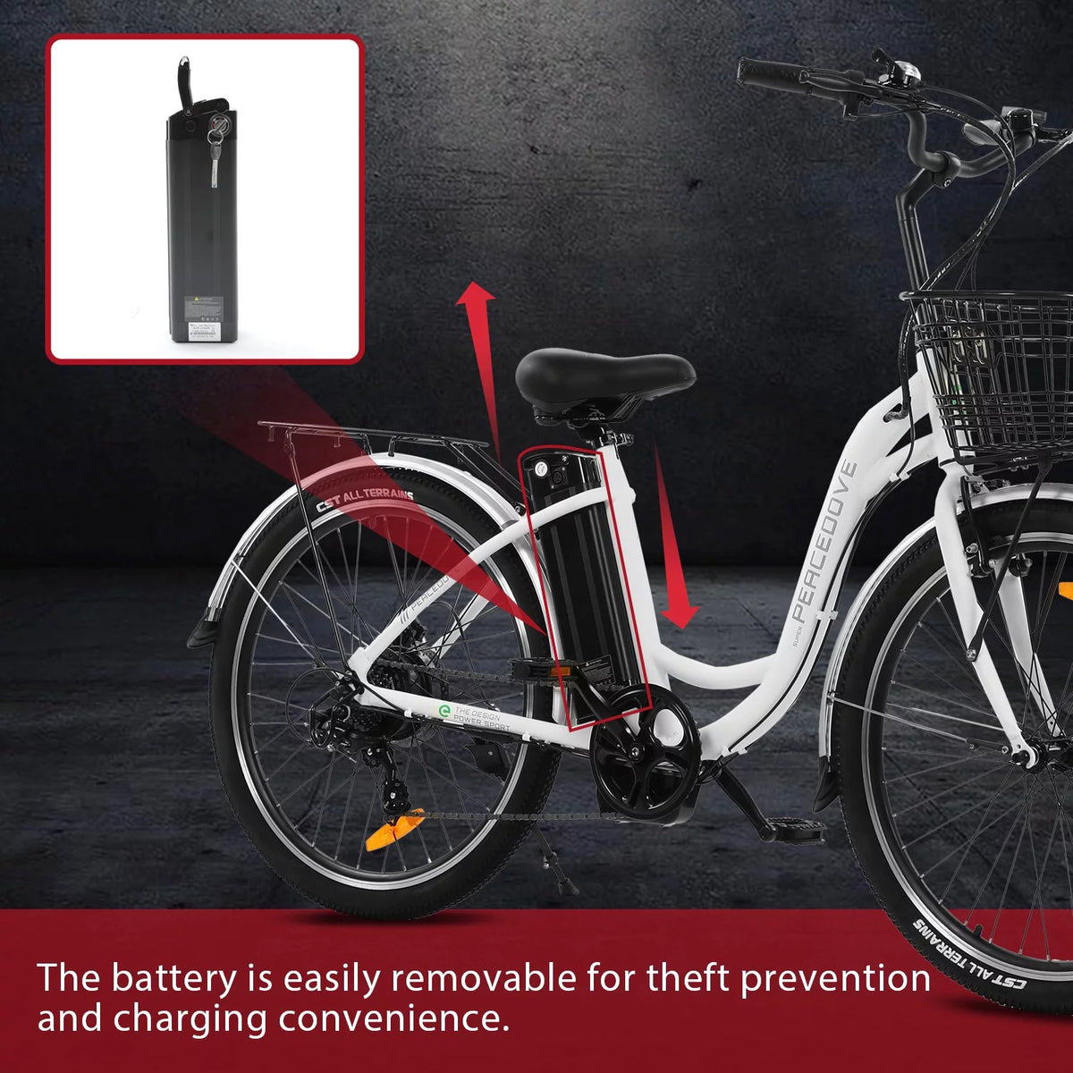 26 Inch 350 W White 7 Speed Electric Bicycle with Basket I7992