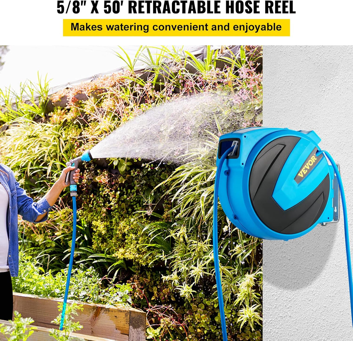 Retractable Hose Reel, 5/8 inch x 50 ft, Wall Mounted Garden Hose Reel, Blue Pack of 2 S349698