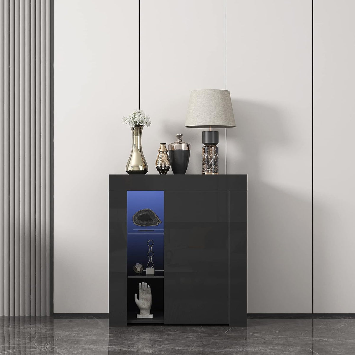 White Single Door LED Buffet Cabinet with 3-Tiers Storage Shelf L97244