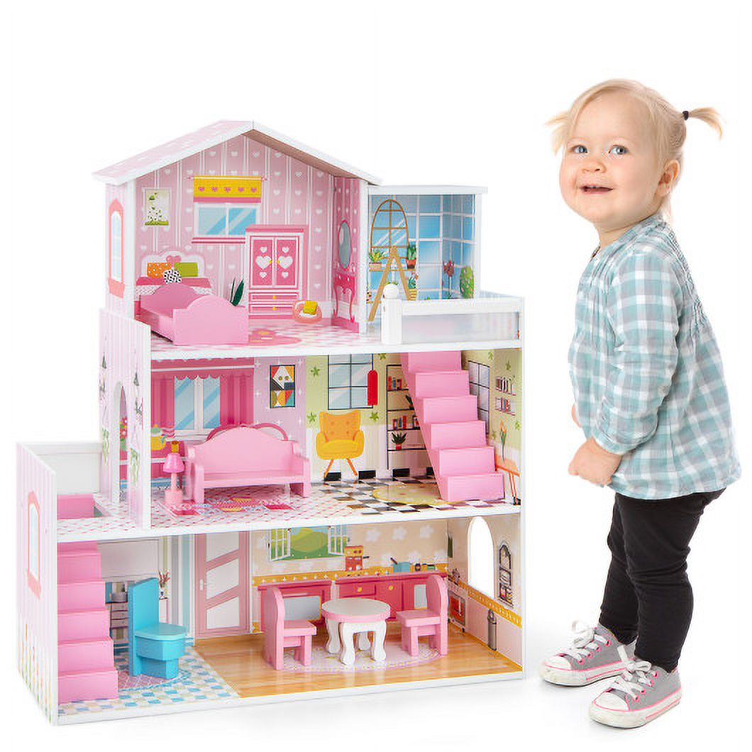 Pink Wooden Dollhouse Playset with 5 Rooms and 10 Furniture Pieces D85877
