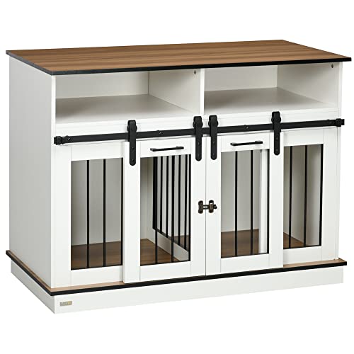 White Dog Crate Furniture with Shelves, Sliding Doors, 47" x 23.5" x 35" Q327129