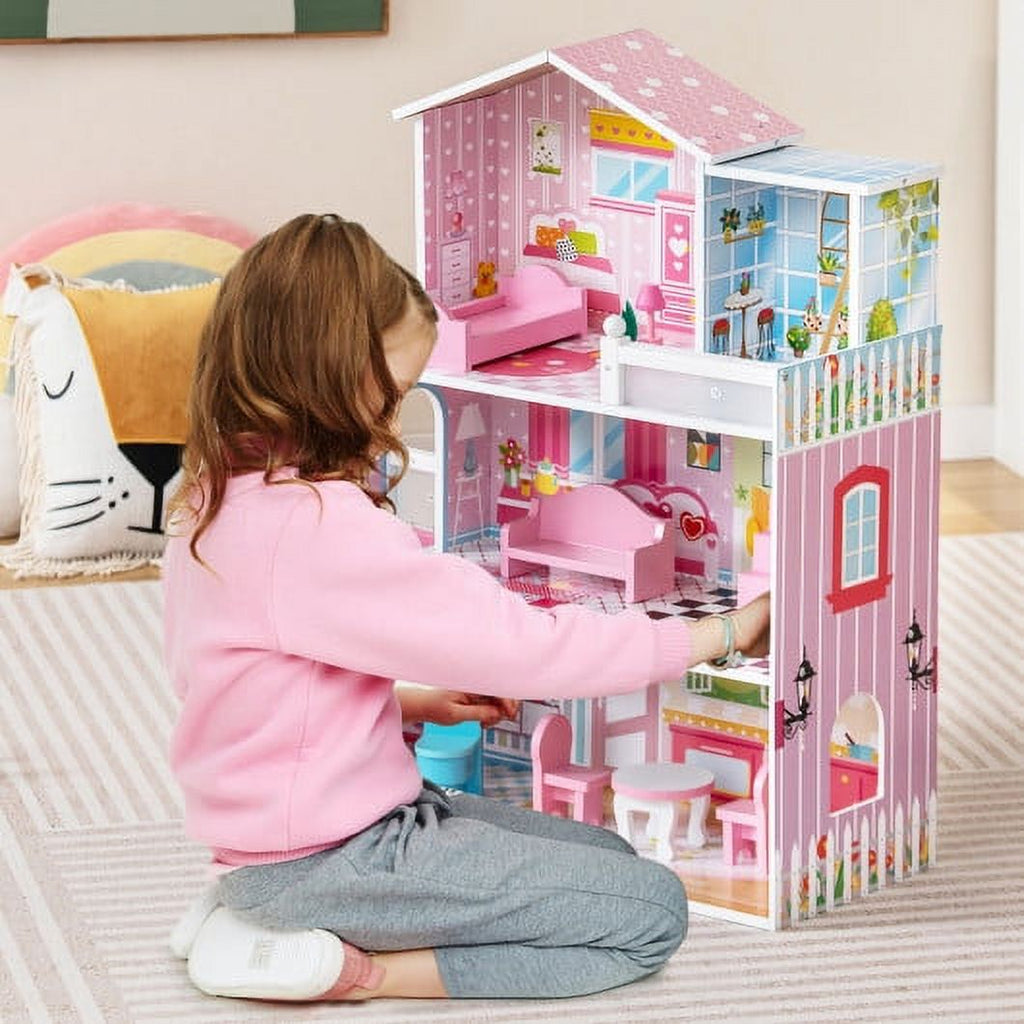 Pink Wooden Dollhouse Playset with 5 Rooms and 10 Furniture Pieces D85877