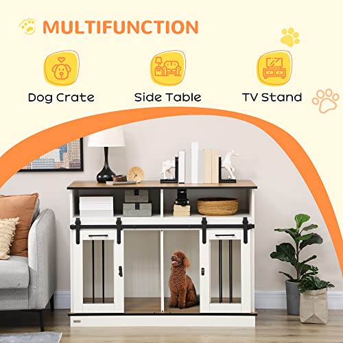 White Dog Crate Furniture with Shelves, Sliding Doors, 47" x 23.5" x 35" Q327129