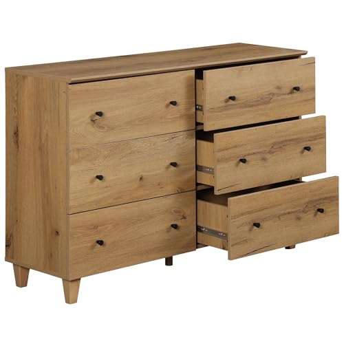 Oak Brown 6 Drawer TV Stand with 1 End Table 2 Drawers Charging Station 2 Pieces Wood Furniture Set M284