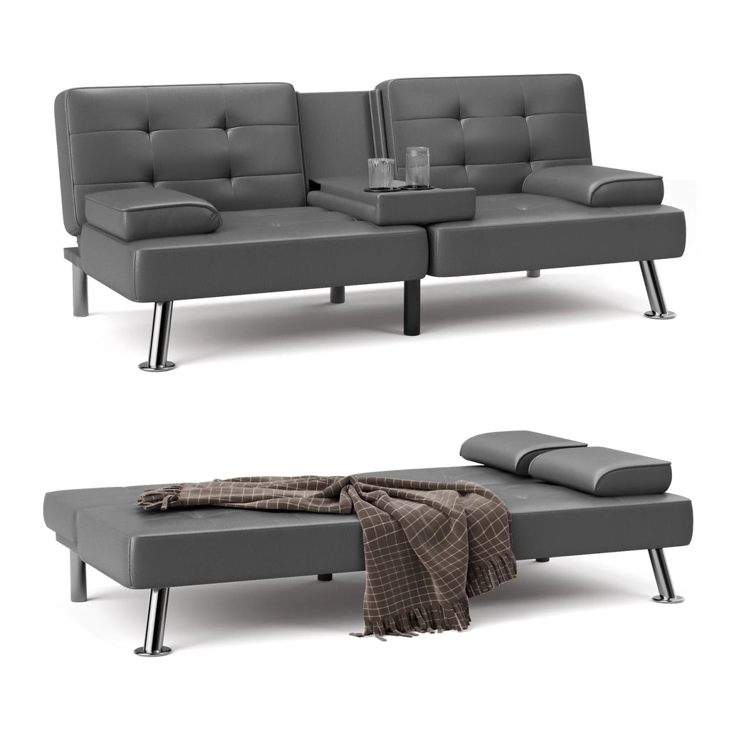 Faux Leather Convertible Futon Sofa Bed with 2 Cup Holders B613611