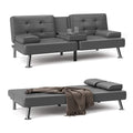 Faux Leather Convertible Futon Sofa Bed with 2 Cup Holders B613611