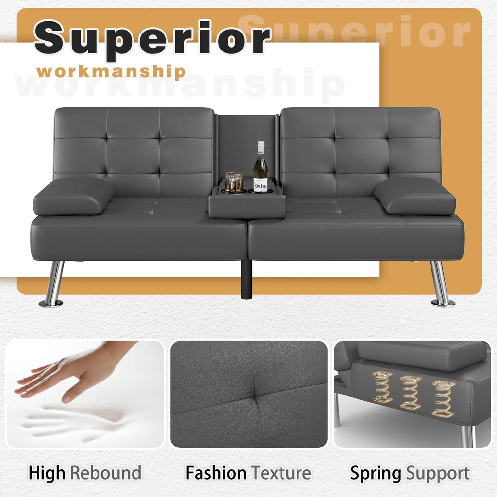 Faux Leather Convertible Futon Sofa Bed with 2 Cup Holders B613611